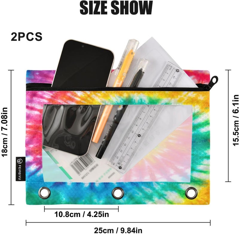 BOENLE Tie Dye Pencil Pouch for 3 Ring Binder, 2 Pack Waterproof Pencil Bags Clear Window Zipper School Office Supplies - Image 3